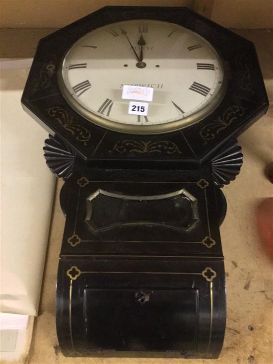 Ebonised and brass inlaid drop dial wall clock signed Rossi Norwich